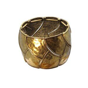 Wide Hammered Brass Bracelet, Vintage Brutalist Stretch Bangle